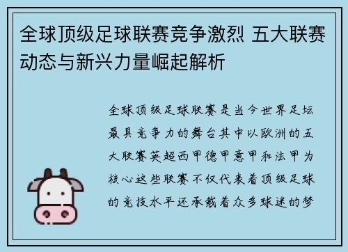 全球顶级足球联赛竞争激烈 五大联赛动态与新兴力量崛起解析