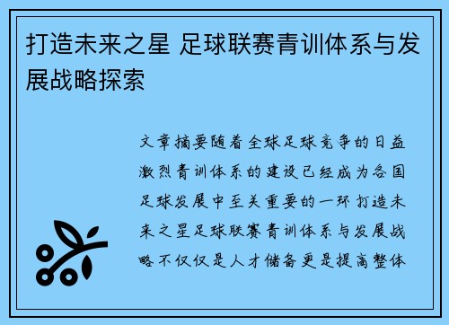 打造未来之星 足球联赛青训体系与发展战略探索