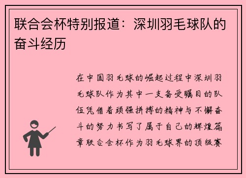 联合会杯特别报道：深圳羽毛球队的奋斗经历