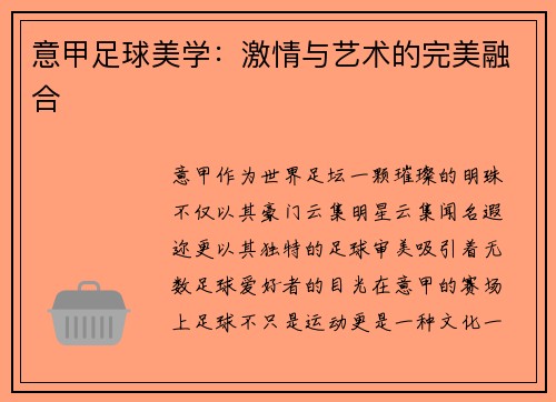 意甲足球美学：激情与艺术的完美融合