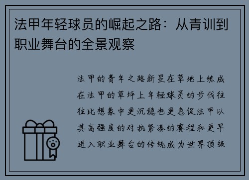法甲年轻球员的崛起之路：从青训到职业舞台的全景观察